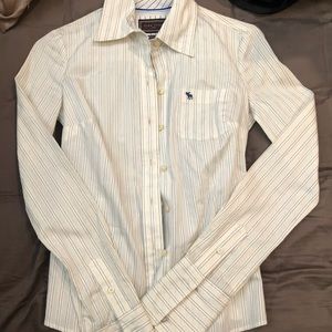 A&F white button up with navy & light pink stripes